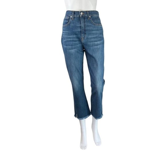 Veronica Beard Women's Carly Cropped Frayed High Rise Flare Jeans Blue Sz 30